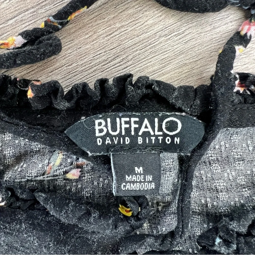Buffalo David Bitton Black Floral Flowers Blouse T-Shirt Chest Tie Women's M - Picture 7 of 11